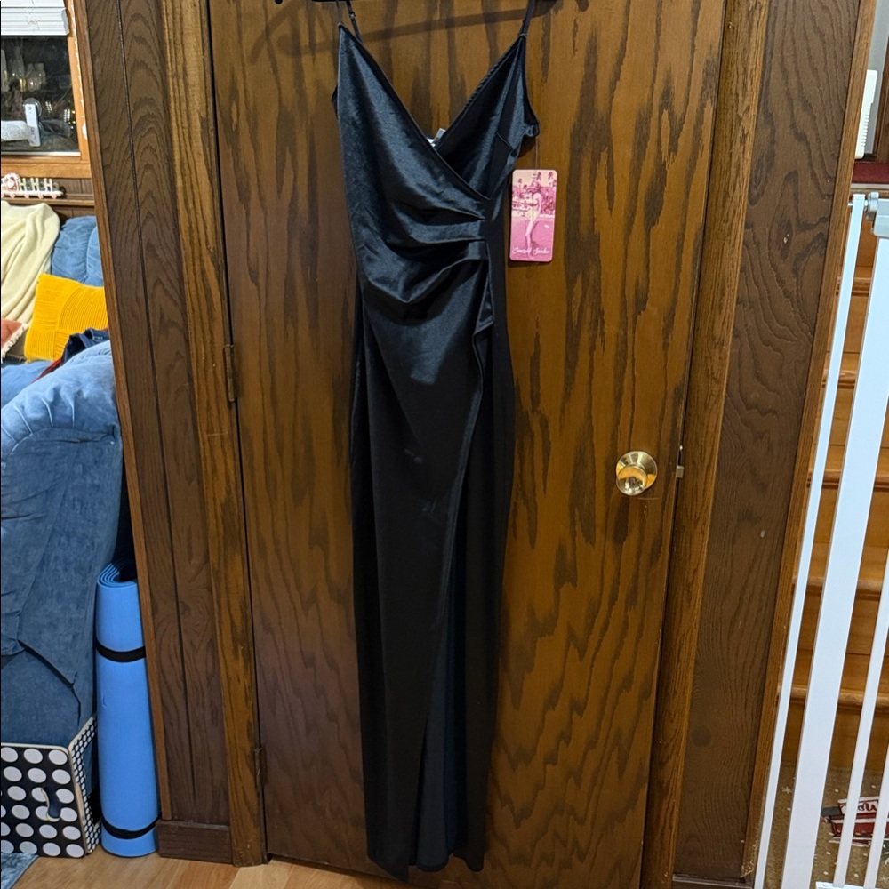 NWT Emerald Sundae Satin Long Assymetrical Hem Slip Dress Black Size S